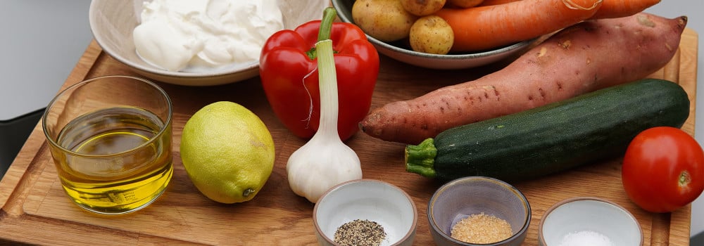 Zutaten für Grillgemüse mit Knoblauch-Dip