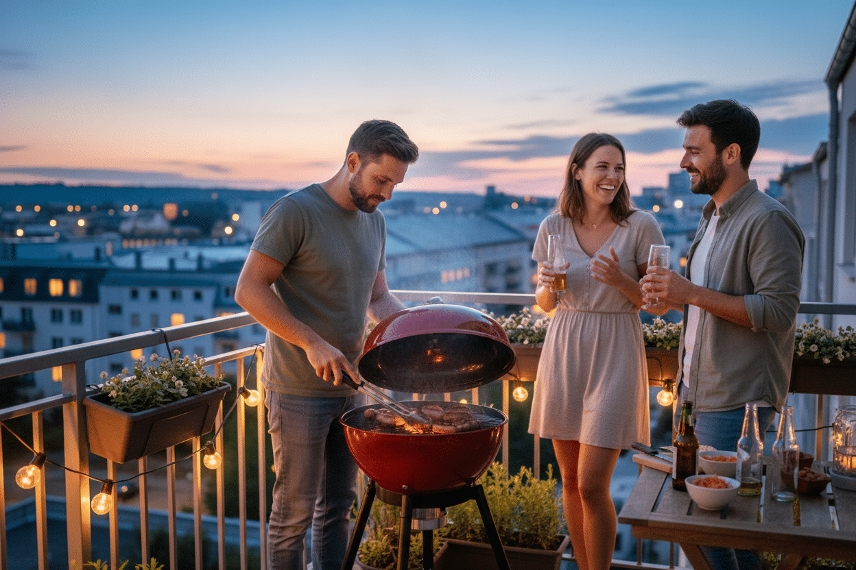 Outdoorchef City 420 G auf dem Balkon mit Freunden beim Urban BBQ am Abend