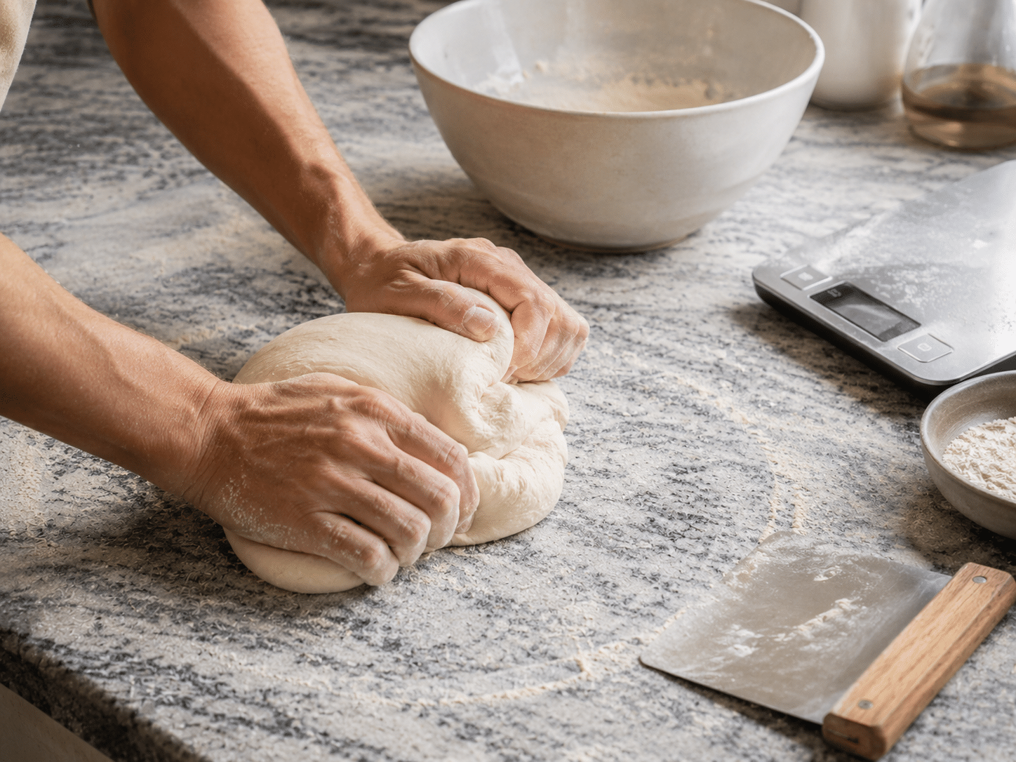 Eine Person knetet Pizzateig mit den Händen auf einer grau-weißen Marmor-Arbeitsplatte; im Hintergrund stehen eine große Schüssel, eine Küchenwaage und weitere Küchenutensilien